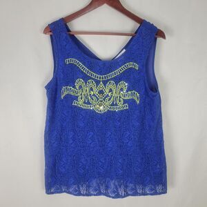 Umgee Shirt‎ Womens Medium Blue Tank Top Sheer Lace Front Embroidered Round Neck
